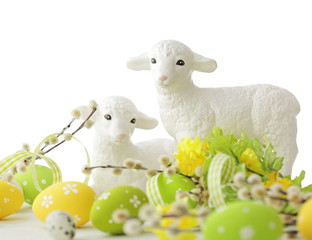 easter eggs and sheep on white background