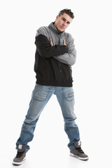 Young guy is dancing. Street dance. White background.