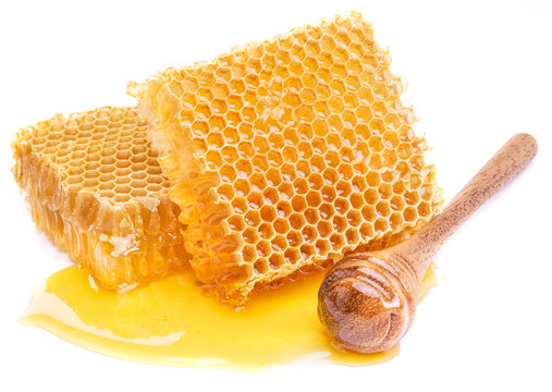 Honeycomb and honey dipper. High-quality picture.