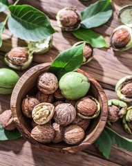 Walnuts in the wooden bowl.