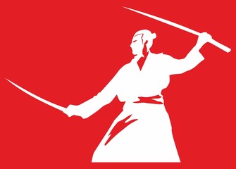 Векторное изображение самурая с двумя мечами на красном фоне (vector image of a samurai with two swords on a red background)