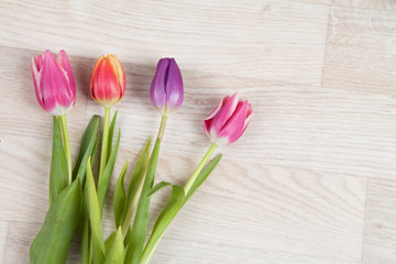 Tulips on a wooden background