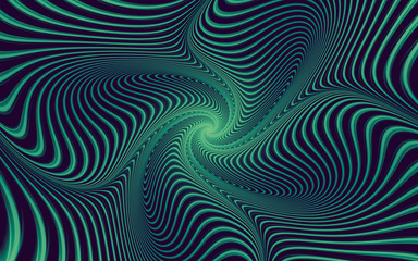 abstract fractal, cyan-green striped lines curved into spiral, dark background