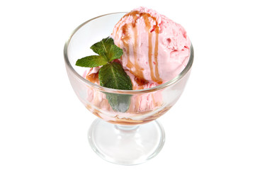 Thawed pink ice cream in vases made of transparent glass.