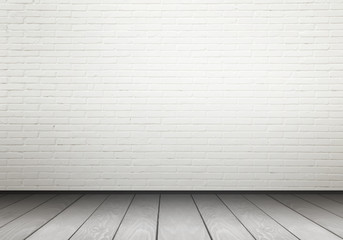 Fototapeta premium Empty interior for design, poster or text on free space. White brick wall and wooden floor.