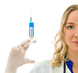 Female doctor with syringe. Social media addiction concept.