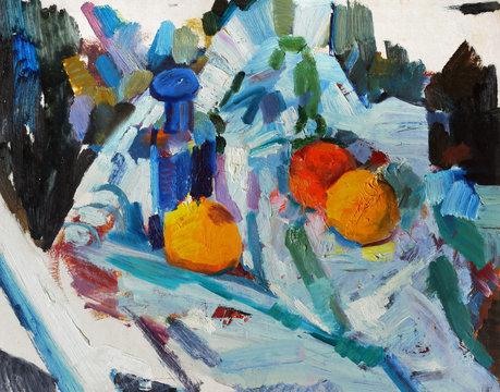 Oil painting still life with with a bottle and peachs in bright colors  On Canvas