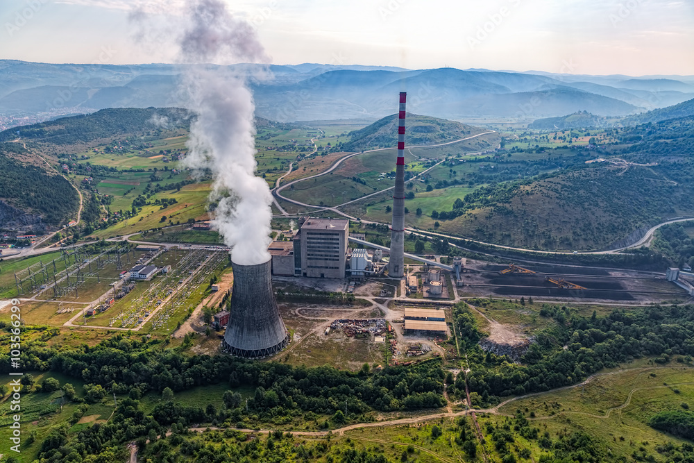 Wall mural helicopter shoot of the thermal power plant pljevlja, only coal-fired power station in montenegro.