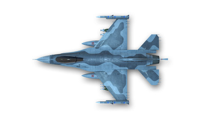 Fighter jet, military aircraft isolated on white background, top view