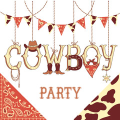 Cowboy party text .Vector background isolated on white for desig