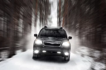 Photo sur Plexiglas Voitures rapides Black car speed drive on off road at winter daytime