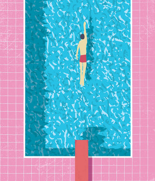 1980s style summer holiday poster with swimmer in swimming pool. Pink grunge worn tiles and water texture.