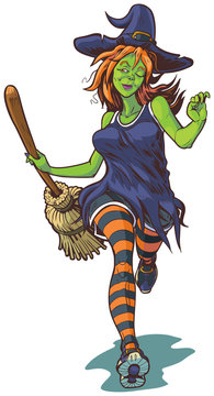 Attractive Witch Running with Broom Cartoon Illustration