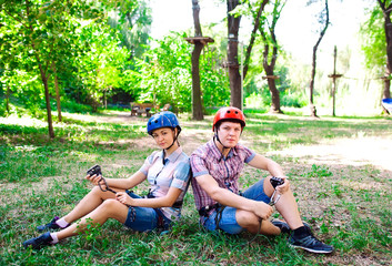 adventure climbing high wire park - people on course in mountain