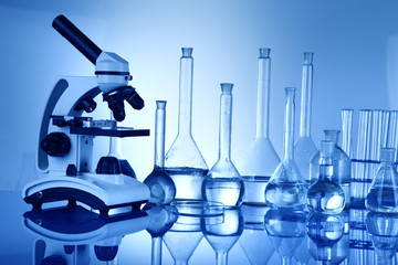 Science concept, Chemical laboratory glassware, microscope