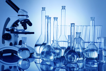 Science concept, Chemical laboratory glassware, microscope