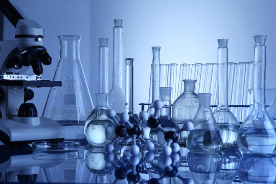 Science concept, Chemical laboratory glassware, microscope