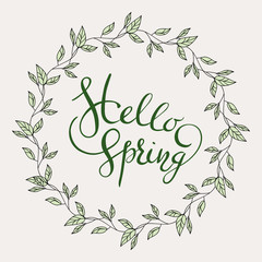 Words Hello Spring with leaves wreath
