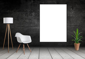 White poster frame mock up hanging on wall. Free space for design and text. Scene with lamp, chair and plant.