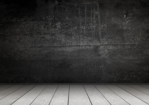 Empty interior for design, poster or text on free space. Black wall and white wooden floor.