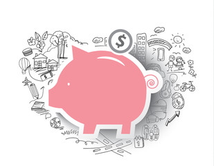 hand-drawn business doodles set and piggy bank. Vector illustration