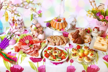 Muurstickers easter table with dishes for traditional festive breakfast © teressa
