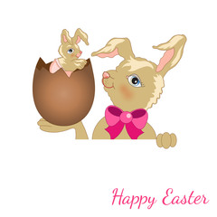 Coniglio e Coniglietto con Uovo di Pasqua su Sfondo Bianco
