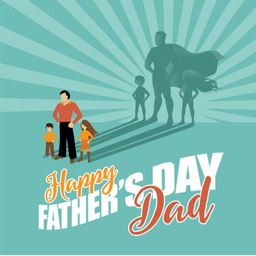 Happy Father's Day superhero dad and kids. EPS 10 vector.