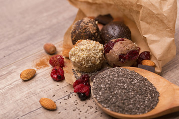 Homemade raw chocolate truffles and chia seeds