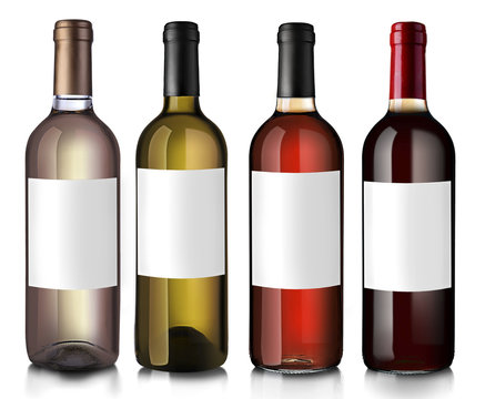 Bottles of wine with empty labels, isolated on white