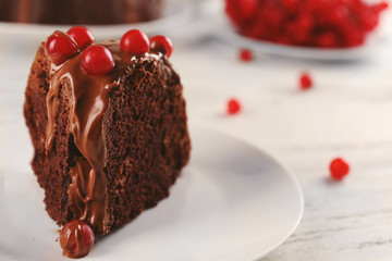 Piece of chocolate cake with snowball tree berries on a table