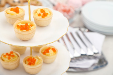 Set of cold snacks, canape and dessert, closeup