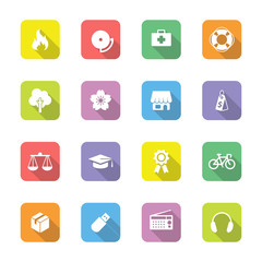 colorful web icon set 6 on rounded rectangle with long shadow for web design, user interface (UI), infographic and mobile application (apps)