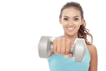 beautiful sporty woman with dumbbell