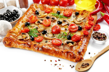 Freshly homemade pizza on white background