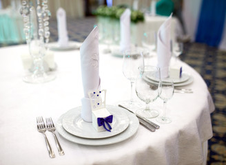 Table set for wedding or another catered event dinner.