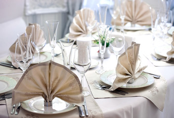Table set for wedding or another catered event dinner.