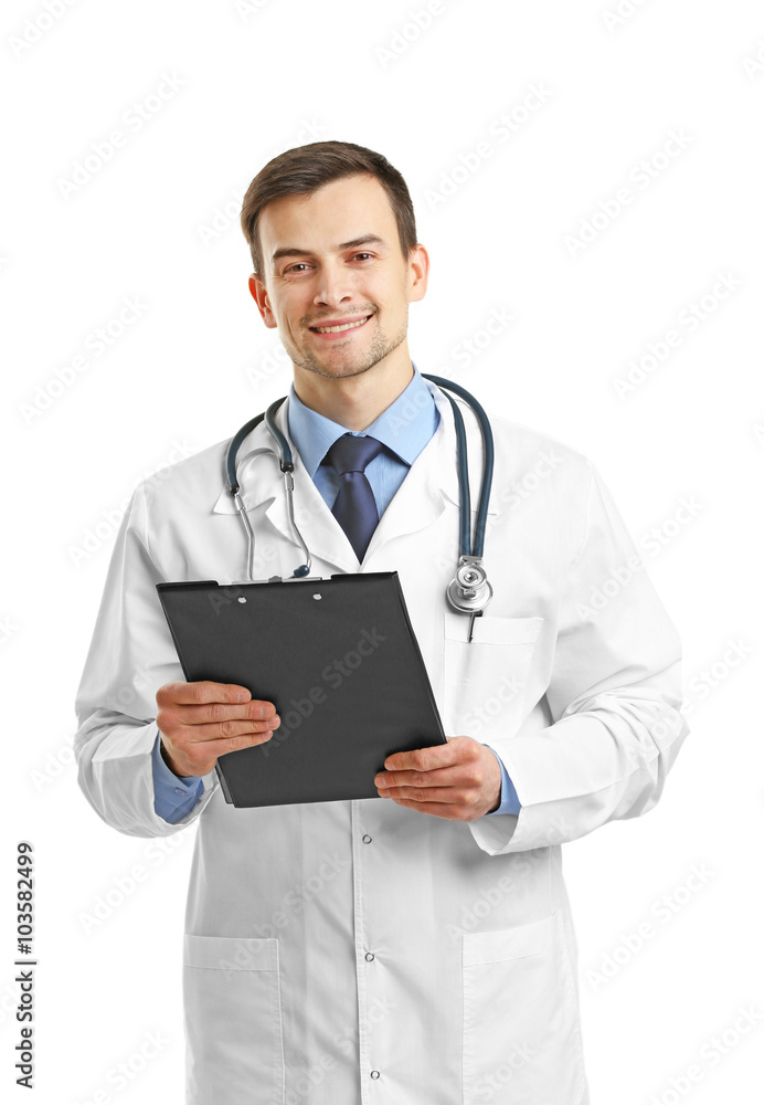 Poster doctor with clipboard isolated on white