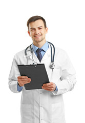 Doctor with clipboard isolated on white