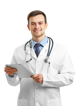 Doctor With Tablet Isolated On White