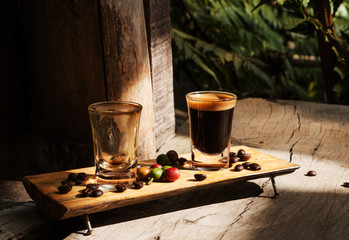 Espresso coffee shot with fresh coffee bean on wood plate