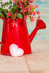 Heart shape with red watering can.Still life of love