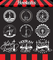 White set hookah icons, labels, signs, symbols and badges on blackboard