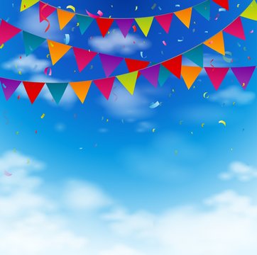 Celebration bunting flags on blue sky