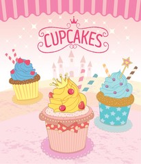 Vector the cupcakes in princess theme concept.Pink background color.