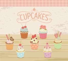 Vector drawing the cupcakes menu for bakery cafe.Pastel colors.
