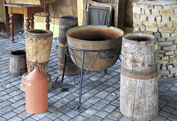 Ancient vessels. Peasant Museum in Tourist Complex Siberian Podvorye.