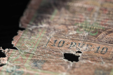 Naklejka premium Old banknote of ten Russian rubles 1909 close up