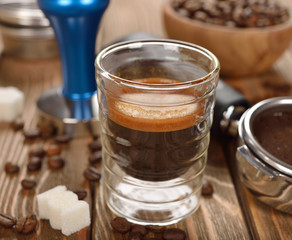 Espresso coffee in a glass cup