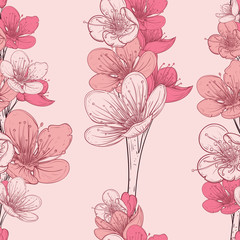 Naklejka premium Seamless pattern with cherry tree blossom. Vintage hand drawn vector illustration in sketch style.